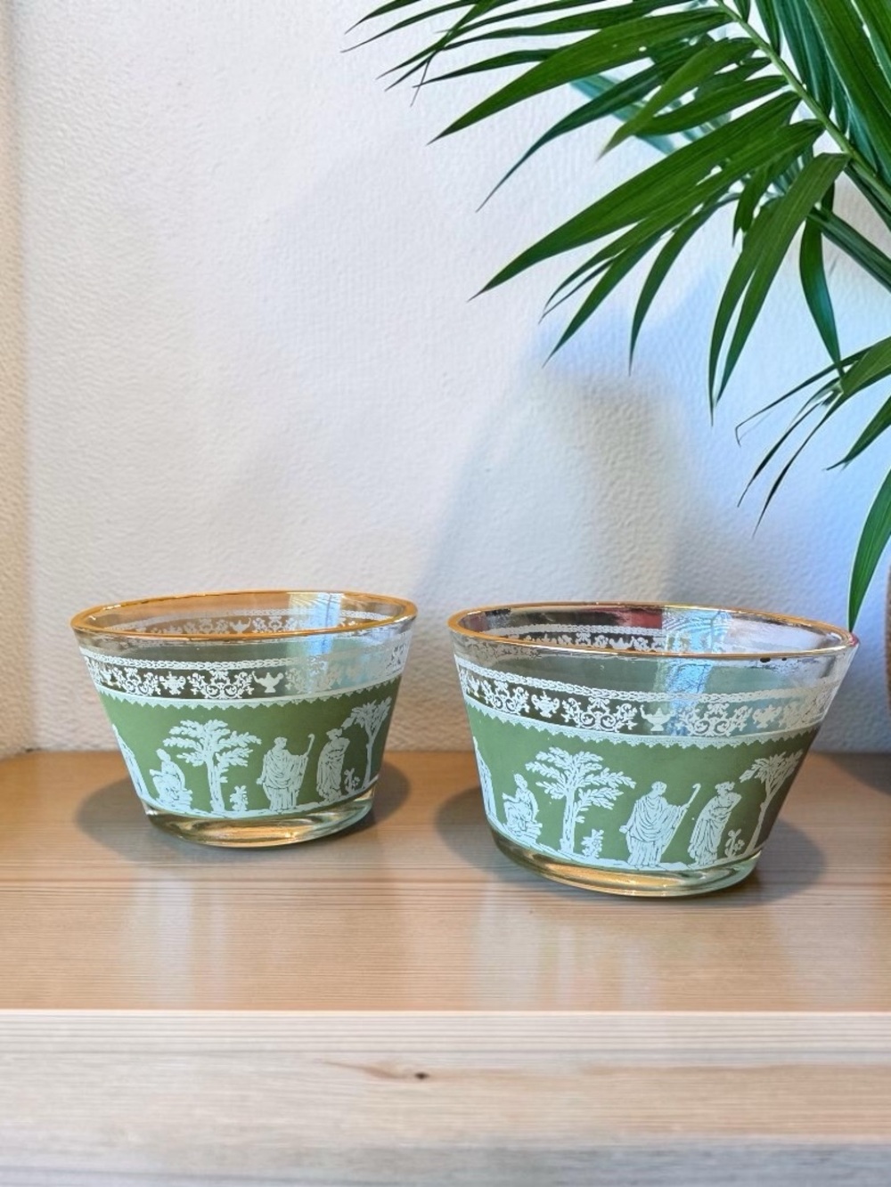 Vintage Jeannette Wedgwood Hellenic Green Sherbet Bowls Set of 2 Glass Cups